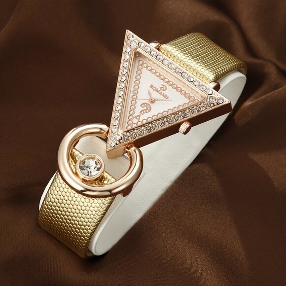 Rhinestone Triangle Pointer Quartz Watch Analog PU Leather Wrist Watch - Picture 1 of 4